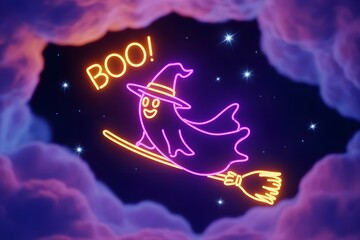 Spooky neon ghost witch flying on broomstick with "BOO!" text against a starry night sky and dramatic clouds, perfect for Halloween celebrations and festive designs.