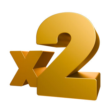 Gold x2 symbol on a isolated background. 3D rendering. Advertising and promotion signs. X2 gold 3d illustration.