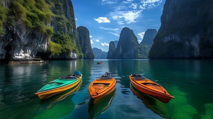 Colorful boats on a calm turquoise lake surrounded by dramatic limestone karsts.