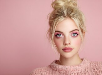
Beautiful blonde woman with pink makeup and hairstyle posing on an isolated pastel background, with copy space for text. This is a stock photo.