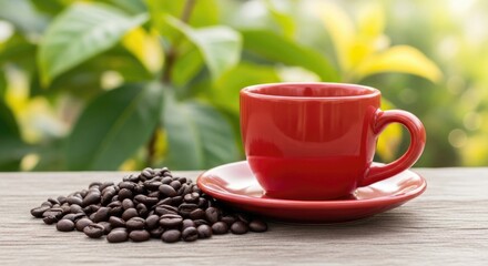 Red coffee cup with coffee beans outdoors