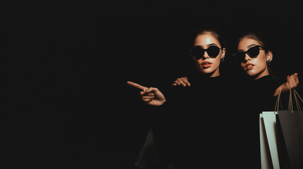 Stylish Elegance: two individuals exude effortless style, a sophisticated air, wearing sunglasses. Posing with shopping bags. perfect for fashion, style, and lifestyle imagery.