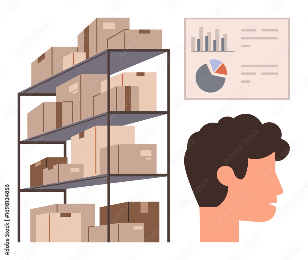 Poster storage rack stacked with cardboard boxes, chart displaying data insights, male profile. ideal for i