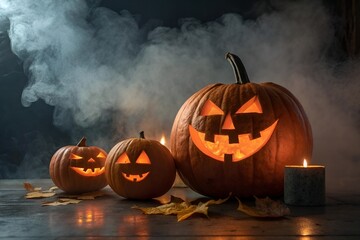 Spooky Halloween Pumpkin Group Carved Jack-o’-Lantern Glowing Faces Dark Scene