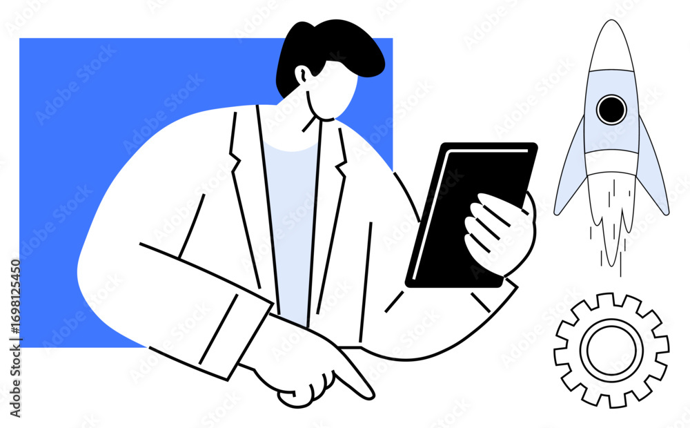 Poster man holding a tablet while pointing to data analysis. rocket and gear symbolize innovation, producti