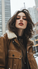 Obraz premium Young woman with wavy hair wearing a brown jacket poses confidently in a snowy urban environment, showcasing winter fashion and style