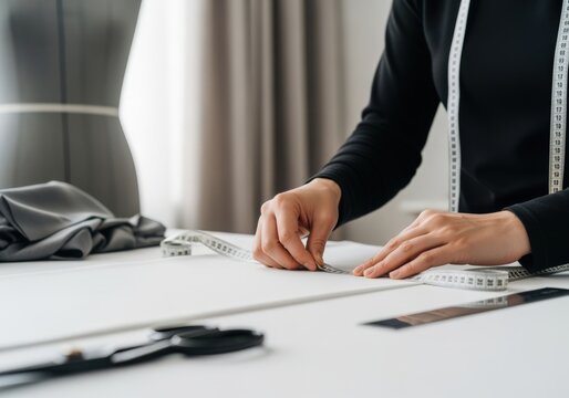 Focused designer's hands measuring fabric on white table.
