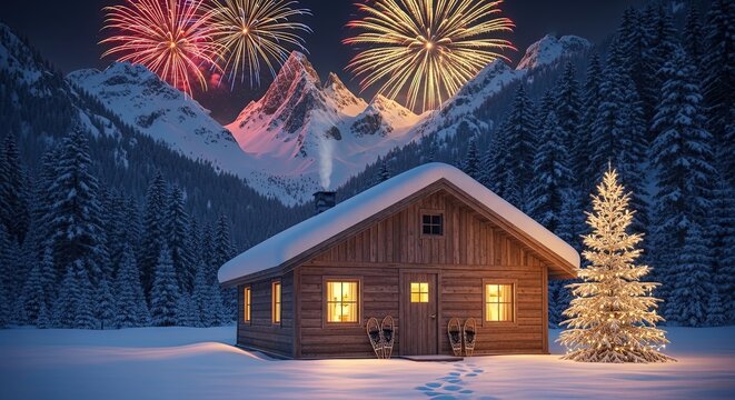 Cozy cabin glows invitingly amidst snowy mountains as fireworks illuminate the night sky - Powered by Adobe