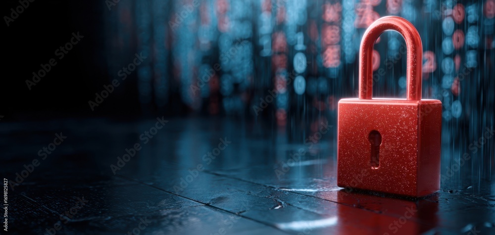 Poster the red padlock symbolizing cybersecurity and data protection on digital background