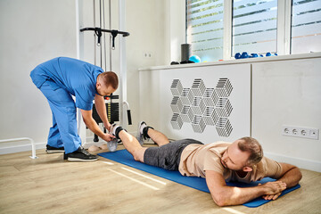Rehabilitation program in action at a modern facility for a patient with a physiatrist
