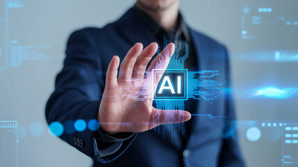 Businessman touching a glowing ai interface with digital data streams