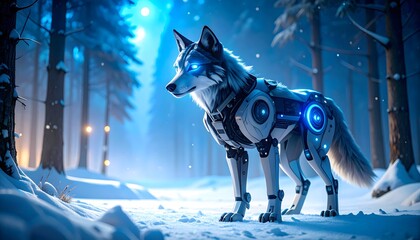 Cybernetic wolf with glowing blue eyes stands in a snowy winter forest