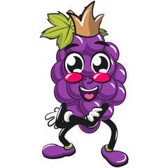 cute grape fruit mascot character vector illustration crowned like a king while folding his arms calmly, work of hand drawn