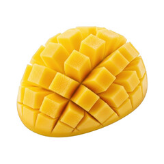 Perfectly cut mango fruit with cubed pieces isolated against a transparent background