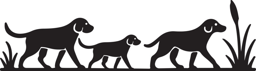 Black vector silhouette illustration of a dog with a white background.