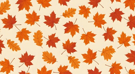 Fototapeta premium Autumnal Delight: Seamless Pattern of Vibrant Maple and Oak Leaves on Cream Background
