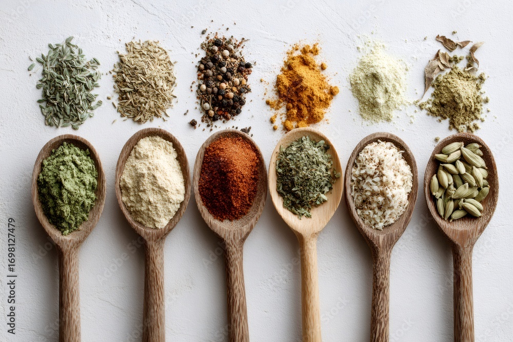 Poster Wooden spoons and piles of vibrant spices creating a visually appealing arrangement on a textured white surface