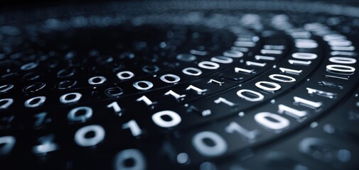 The Binary Code Spiral Illuminating a Futuristic Digital Data Network in Deep Blue