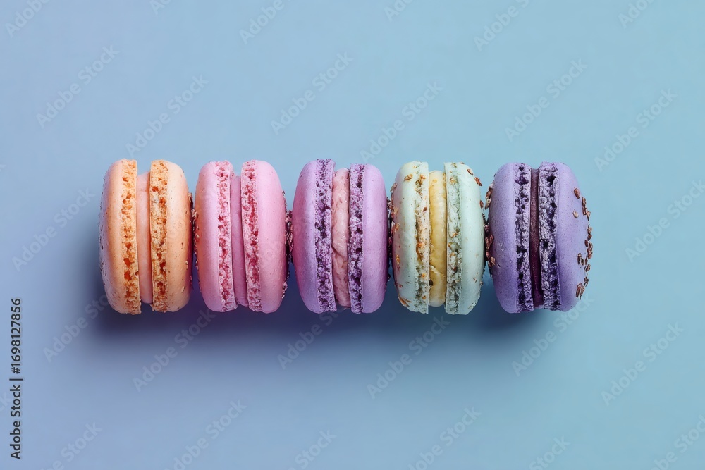 Poster pastel macarons arranged in linear pattern, sitting against soft blue surface with delicate color gr