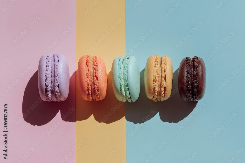 Poster delicious macarons arranged on a multicolored pastel background, creating an eye catching display of