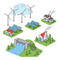 Isometric illustration set of various energy sources, including sustainable wind, solar, hydro, and polluting factory power plants