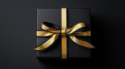 Gift Box with Gold Ribbon: A sleek, black gift box adorned with a luxurious gold ribbon sits elegantly, exuding an air of sophistication and anticipation. The perfect representation of a special gift.