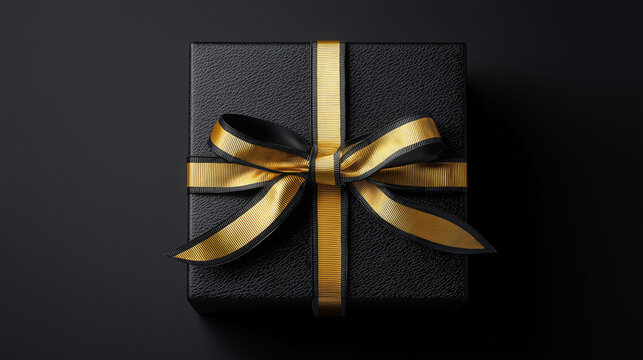 Gift Box with Gold Ribbon: A sleek, black gift box adorned with a luxurious gold ribbon sits elegantly, exuding an air of sophistication and anticipation. The perfect representation of a special gift.