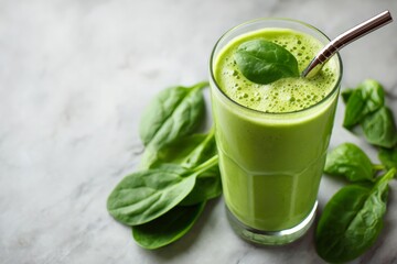 Green spinach smoothie in glass garnished with fresh leaf, resting beside metal eco straw on marble countertop