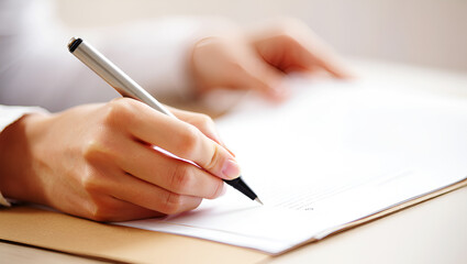 Person writing with silver pen on white paper hand document