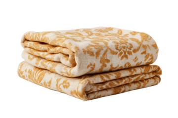 Folded cream-colored blanket with a mustard-yellow damask pattern