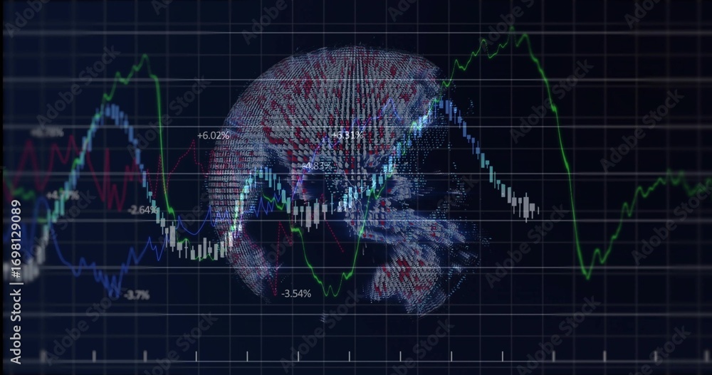 Aufkleber digital globe rotating in finance dashboard with colored line graphs, candlesticks, percent labels