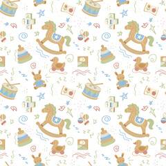 Fototapeta premium Seamless kids pattern with rocking horse and wooden toys in Scandinavian hygge style. Cute pastel vector design for nursery fabric, wrapping paper, packaging and children’s decor