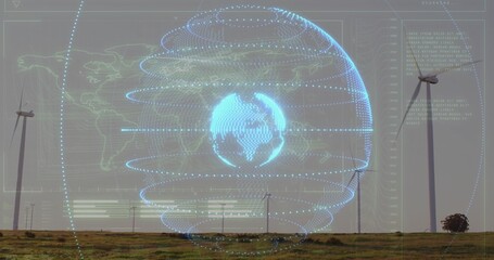 Displaying digital globe with orbital rings rotating above rural wind farm turbines and power poles