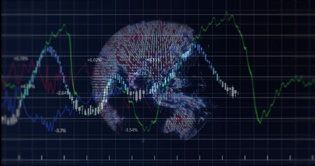Digital globe rotating in finance dashboard with colored line graphs, candlesticks, percent labels
