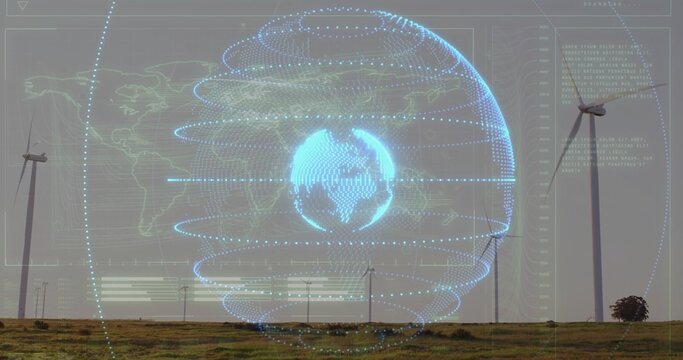 Displaying digital globe with orbital rings rotating above rural wind farm turbines and power poles - Powered by Adobe
