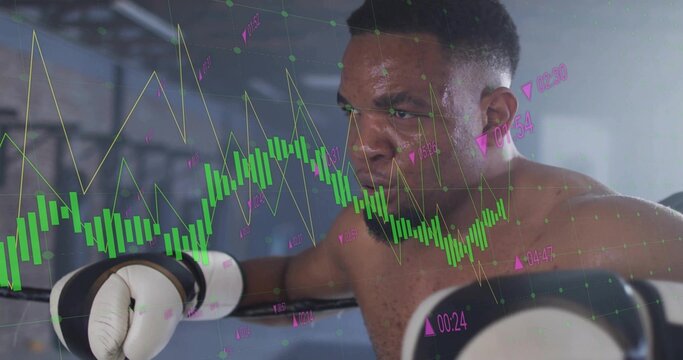Shirtless gloved boxer punching bag amid metal beams in gym, overlaying financial market chart
