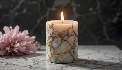 "Lit Marble Candle with Pink Chrysanthemum &ndash; Elegant Home Decor on Dark Stone Background"