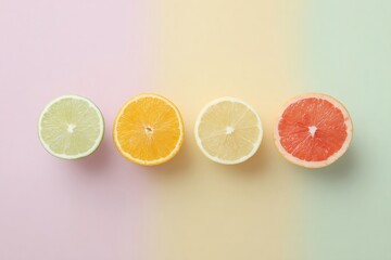 Citrus slices arranged in colorful gradient, showcasing fresh fruit segments against muted pastel backdrop with vivid color transition