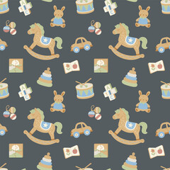 Seamless kids pattern with rocking horse and wooden toys in Scandinavian hygge style. Cute pastel vector design for nursery fabric, wrapping paper, packaging and children’s decor.