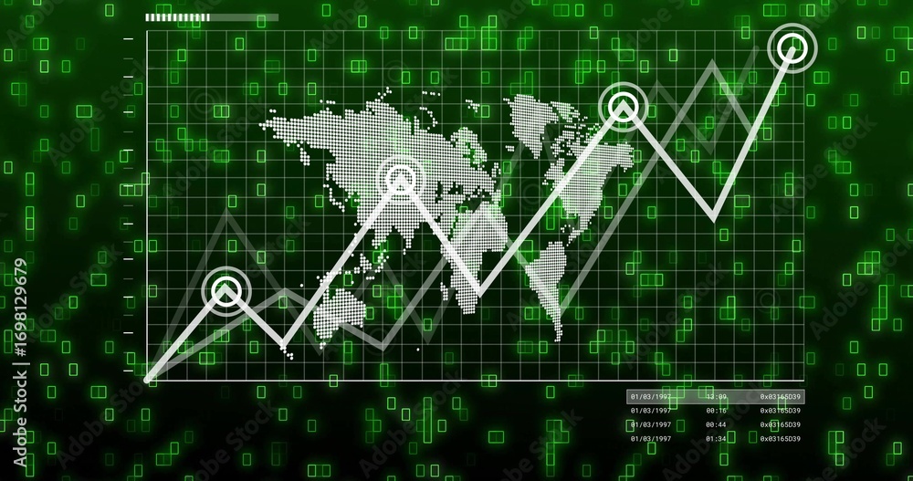 Poster displaying line graph trending up on screen, with dotted world map, grid lines and green squares