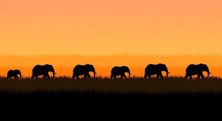 Fototapeta premium Majestic elephant herd silhouetted against a vibrant sunset on the savanna
