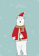 white bear dressed as Santa, illustration in a minimal flat cartoon style set against snowy Christmas scenery as a festive book cover or holiday design concept.
