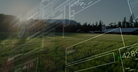 Showing farm building cluster sitting at tree line with grassy field and data graphics, copy space