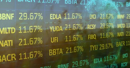 Displaying digital panel showing ticker codes percentages at office with skyline water reflections