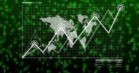 Displaying line graph trending up on screen, with dotted world map, grid lines and green squares