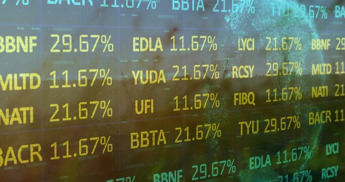 Displaying digital panel showing ticker codes percentages at office with skyline water reflections - Powered by Adobe