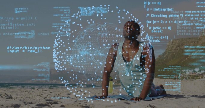 Practicing man holding cobra pose on beach mat, with reusable water bottle, code and globe overlay