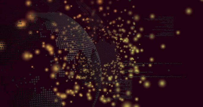 Spinning dotted globe flowing data lines, code fragments and golden orbs in cyber space, copy space