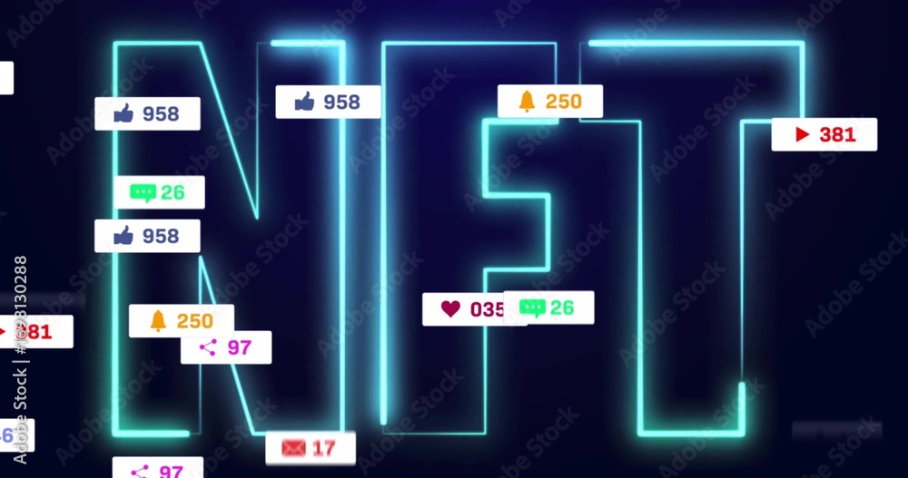 Poster displaying neon letters nft glowing in digital interface, with notification icons showing counts