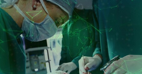 Performing surgery female surgeon making incision with scalpel in OR, with digital globe overlay